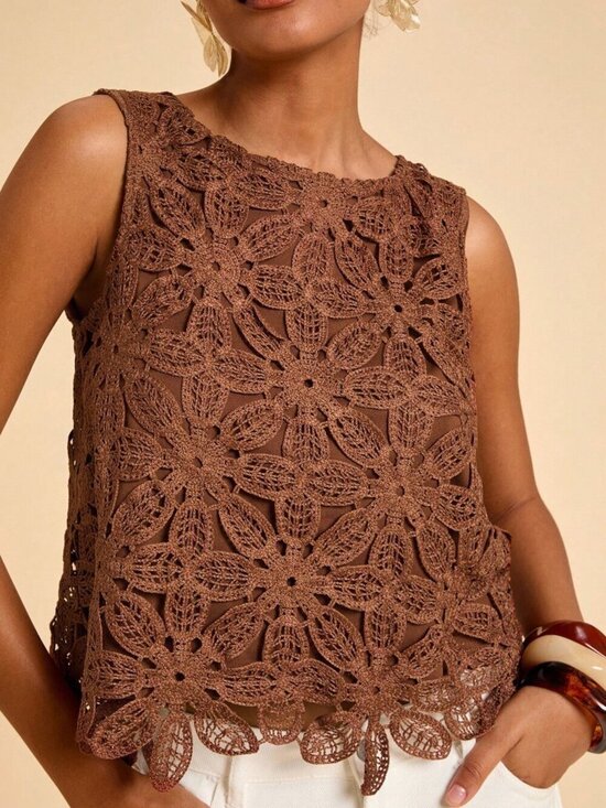 Tops - Coffee Brown Boho Crochet Women's Sleeveless Crew Neck Top Vacation Beach